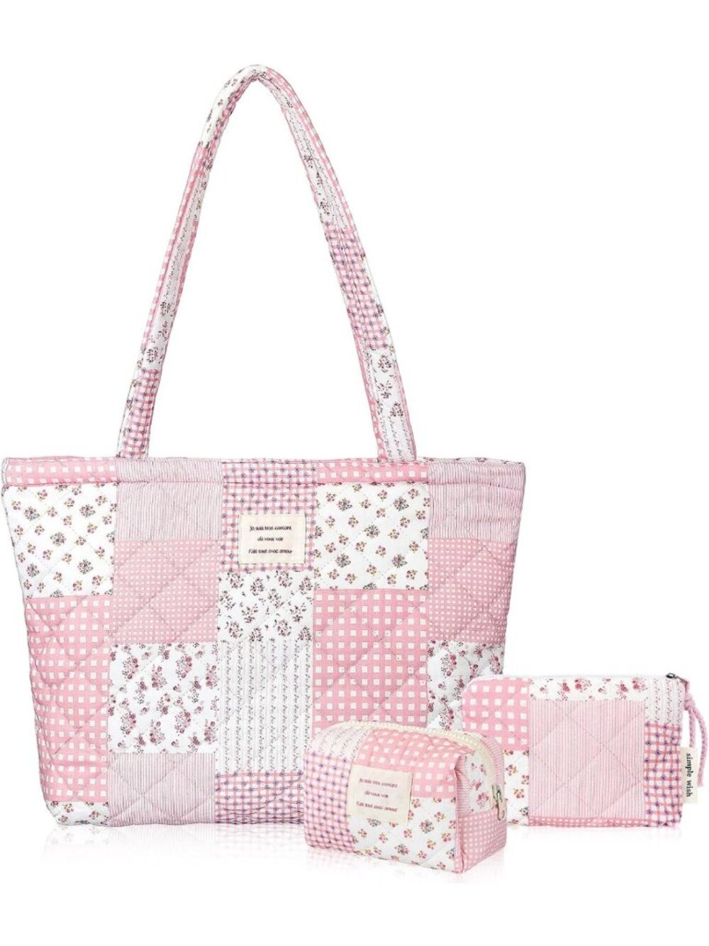 Floral Quilted Bag Set - 3 Pcs Cotton Shoulder Bags & Makeup Pouch for Travel